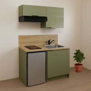 KITCHENETTE TERRA VERT ARGILE 100cm + PLAQUE DE CUISSON + REFRIGERATEUR + HOTTE + MICRO-ONDES + EVIER + MITIGEUR + MEUBLES HAUTS