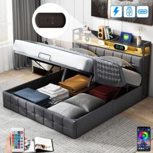 Lit coffre 140x200 cm, 2 places, avec têtes de lit led, usb, étagères, hydraulique de rangement, sommier à lattes en bois, cadre en métal, lit