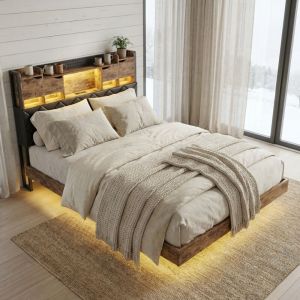 Lit adulte 160x200, lit double rembourr&eacute;, Cadre de lit flottant avec LED et station de charge USB/Type-C, t&ecirc;te de lit de rangement, M&eacute;tal et bois,