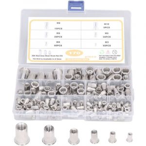 170 Pi&egrave;ces Acier Inoxydable Rivet &Eacute;crou Outil Plat T&ecirc;te Filet&eacute;e Rivet Nutsert Cap Assortiment kit M3 M4 M5 M6 M8 M10 Types Nuts