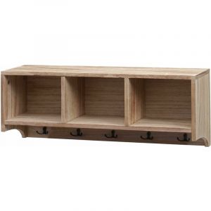 HHG - jamais utilisé] Étagère murale 412, portemanteau mural Étagère, 3 compartiments de rangement 5 crochets 30x80x20cm bois, brun naturel