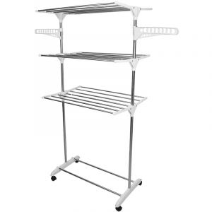 Séchoir à linge inox HALOYO étendoir pliable H.158 CM Séchoir pliable à 3 niveaux, tube en acier inoxydable- Blanc