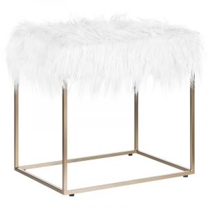 Petit Tabouret Glamour avec Assise en Fausse Fourrure Blanche et Struture en Acier Doré 40 cm de Hauteur Beliani