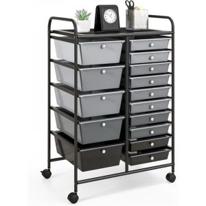 Chariot à roulettes avec 15 Tiroirs, Cadre en Fer&Tiroirs en Plastique, Chariot de Rangement à 4 Roulettes, 2 avec Frein, pour Chambre, Bureau, 63 x
