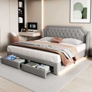 Lit 180 x 200 cm avec sommier et tête de lit, lit 2 personnes avec led et rangement, lit double capitonné, cadre de lit 180x200 avec sommier à lattes