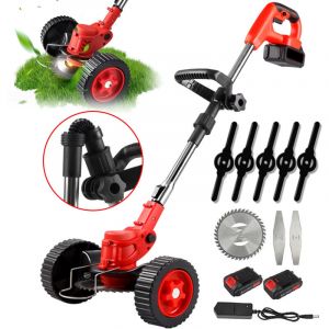 Tondeuse &agrave; gazon &eacute;lectrique sans fil 1500W, 12000 tr/min, pliable et r&eacute;glable, Outils de taille de jardin avec 3 types de lames et 2 batteries