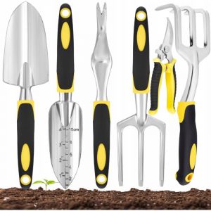 Outils de Jardinage avec Pelle, Transplantoir, Sarcloir, Binette, Fourche, ciseaux(Jaune - 6PCS)