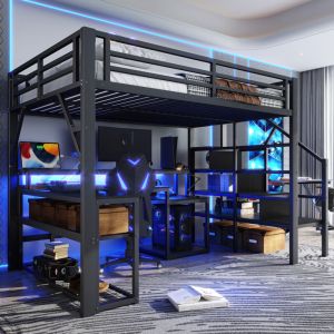 Lit mezzanine 140x200 cm, lit adulte enfant avec bureau, LED et USB, rangements escalier, sans matelas, protection antichute, structure m&eacute;tal noir