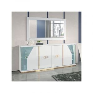 TMM - Buffet 4 portes + miroir Blanc brillant/Or à led - gove - Buffet : l 180 x l 44 x h 83 cm Miroir : l 140 x l 80 cm