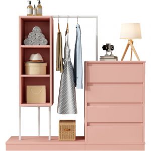 MODFU-Armoire avec rangement ouvert, 1 tringle &agrave; v&ecirc;tements, commode 4 tiroirs, chambre/entr&eacute;e, 140&times;40&times;135cm, rose
