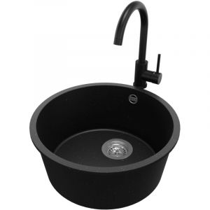 Primagran - Evier cuisine Granit Rond 46x46cm, Evier 1 bac + Robinet 32x20cm + Kit de Vidage, Lavabo Cuisine au meuble 50cm - La Valette Slim, Noir