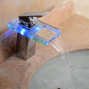Robinet LED en verre lumineux Cascade Robinet RVB Robinet d'&eacute;vier Robinet de lavabo Mitigeur de salle de bain en verre &eacute;clair&eacute; Salle de bain 3