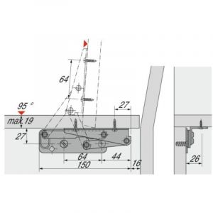 Compas d'abattant Schwenfix 95° pour coffres ou banquettes d'angle Hettich