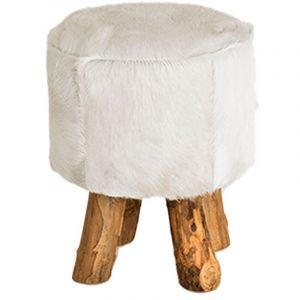 Tabouret Repose-Pieds en Peau de Chèvre et Teck Brut - Petit Siège Ethnique - Hauteur 45cm - Finition Artisanale - Blanc et Bois Naturel