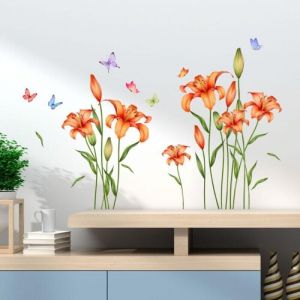 Stickers Muraux Fleurs Papillon Autocollant Mural Fleur Rouge Sticker Muraux Fleurs Plantes D&eacute;coration Murale pour Salons Chambres Adulte Bureaux