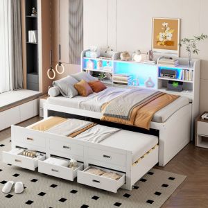Lit gigogne 90x200cm avec 3 tiroirs et led, lit capitonné canapé-lit extensible avec sommiers, ports usb & Type-C, table de chevet intégrée, lit