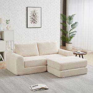 Canap&eacute;-lit convertible modulable 2-en-1, canap&eacute; d'angle avec pouf amovible et 2 coussins, velours c&ocirc;tel&eacute; beige - Accoudoir incurv&eacute;