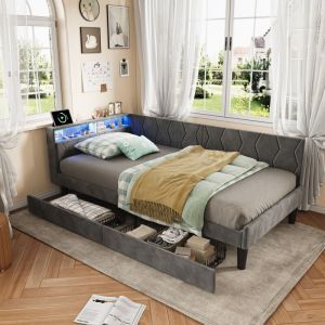 Lit simple 90x200 cm, canap&eacute; lit avec &eacute;clairage LED et prise USB, lit 1 personne avec 2 tiroirs, tete de lit avec rangement, lits banquette 1 place