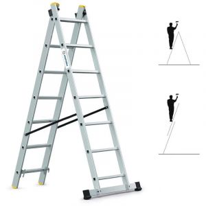 Hoström - jamais utilisé] Echelle transformable 2 plans StablePro 2x7 marches aluminium extensible coulissante, 3 positions, hauteur travail max