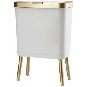 Poubelle de salle de bain avec couvercle, poubelle en plastique avec couvercle, poubelle dor&eacute;e de 4 gallons avec bouton, poubelle blanche &eacute;troite