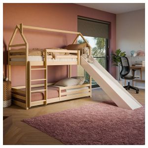 Petits-meubles - Lit cabane superposé 90x190 au sol toboggan et sommier inclus Aurélien Bois et Blanc