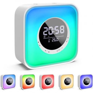Réveil Lumineux avec Enceinte Bluetooth avec Lampe de Chevet LED avec 10 Changements de Couleur, Réveil à Calendrier Numérique, Radio FM et Affichage