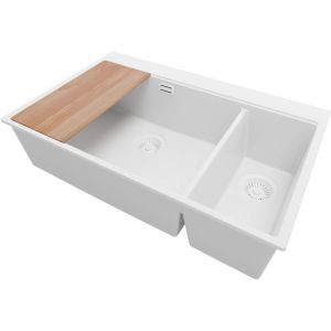 PRIMAGRAN Evier Cuisine en Granit 78x50cm, Lavabo 2 bacs + Kit de Vidage + Planche à Découper, Évier à Encastrer au meuble 80cm - Oslo Duo, Tout Blanc