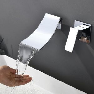 Treetalk - Robinet de salle de bain cascade, robinet de lavabo encastré pour montage mural - Robinet mural 2 trous avec poignée simple et grand bec