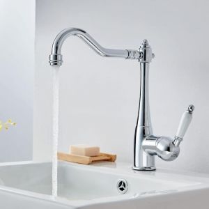 Robinet de Cuisine El&eacute;gant Mitigeur &Eacute;vier Bec Haut Rotation &agrave; 360&deg; Robinet &Eacute;vier de Cuisine R&eacute;tro en Laiton Chrom&eacute;