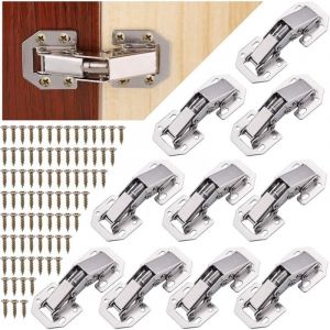 10 Pieces Charniere Porte Placard 90 Degrés avec Vis, Mécanisme de Fermeture Automatique avec Amortisseur Intégré, Charniere Invisible en Inox pour