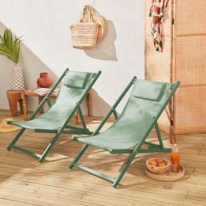 Lot de 2 bains de soleil - Gaia vert - Transat en aluminium gris anthracite et textilene vert avec coussin repose t&ecirc;te. chilienne