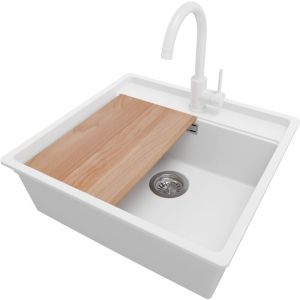 Primagran - Evier d'angle en Granit 56x53cm, Lavabo Cuisine 1 bac + Kit de Vidage + Accessoire, Évier à Encastrer au meuble 60cm - Bergen, Blanc
