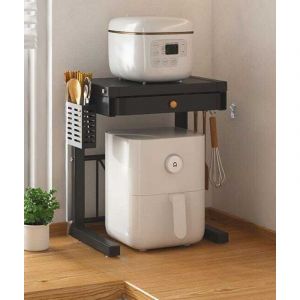&Eacute;tag&egrave;re de rangement pour cuiseur &agrave; riz, support pour appareils de cuisine, double couche coulissante, noir (avec porte-baguettes + 3 crochets)