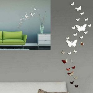 Stickers Papillons Muraux, 36 Pi&egrave;ces Stickers Miroir Papillon Acrylique Argent 3D Stikers Murals Papillon Decoration pour Salon Chambre Bureau