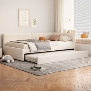 Méridienne 90x200cm, méridienne avec lit gigogne, canapé-lit, lit simple (sans matelas), style minimaliste, beige