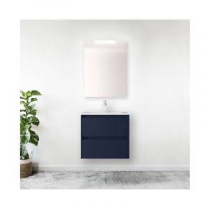 Meuble de salle de bain suspendu 60 cm en bois bleu satiné avec vasque intégré - Nova - Avec colonne