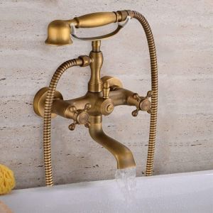 Robinet mitigeur de baignoire en laiton dor&eacute; antique avec douchette &agrave; main - Robinet de baignoire avec douchette - R&eacute;tro antique - En laiton