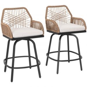 Avestar Lot de 2 Chaises haute de Bar de Jardin Ext&eacute;rieur Pivotants, Rotin Tress&eacute; R&eacute;sistant aux Intemp&eacute;ries, Coussin Amovible, Beige