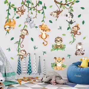Shining House - Stickers Muraux Animaux de la Jungle Arbre Autocollants Muraux Mural Stickers Singe Lion Zèbre pour Chambre Enfants Bébé Pépinière