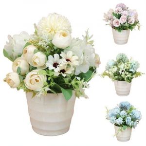 Feiyue - Fleurs artificielles roses et pivoines dans un vase, mini roses et pivoines décoratives en pot, arrangement floral en soie pour décoration