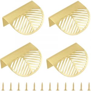 Ikodm - Lot de 4 Poignées de placard en laiton massif, poignée en forme de feuille d'or, boutons de tiroir pour porte, tiroir de cuisine, commode,