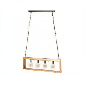 Suspension style industriel caisse rectangulaire en bois olius - bois et m&eacute;tal -4 lampes - h. 31 x L.100 cm - naturel et noir