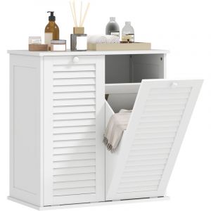Meuble salle de bain avec panier &agrave; linge armoire salle de bain en bois portes persiennes 2 paniers 70 x 38 x 73 cm blanc