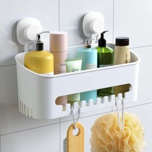 Serviteur de Rangement Douche &agrave; Suspendre Ventouse sans Per&ccedil;age R&eacute;utilisable, &Eacute;tag&egrave;re Douche Amovible 8kg, Panier de Serviteur Mural Plastique pour