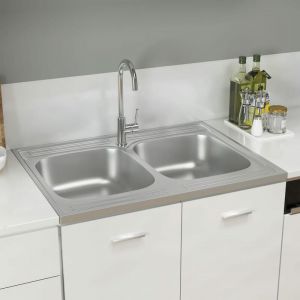 &Eacute;vier de cuisine &agrave; double lavabo Evier 2 bacs Argent&eacute; 800x600x155 mm Inox