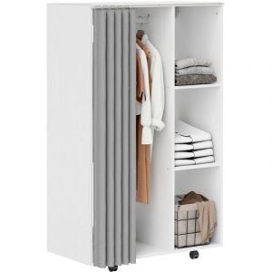 Armoire penderie sur roulettes - tringle, &eacute;tag&egrave;re, penderie, 3 compartiments - effet bois blanc rideau gris