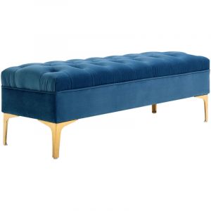 Banc banquette capitonn&eacute;e bout de lit style classique chic dim. 118L x 45l x 42H cm pi&egrave;tement m&eacute;tal dor&eacute; velours bleu