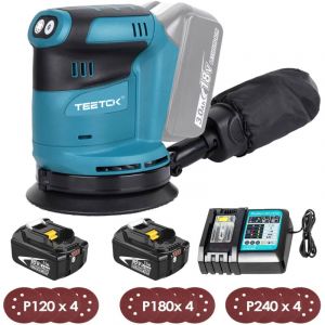 Teetok - Ponceuse orbitale aléatoire sans fil,Sans balais,ponceuse 18V ø 125mm, Compatible avec la batterie Makita, 6 vitesses avec sac à poussière &
