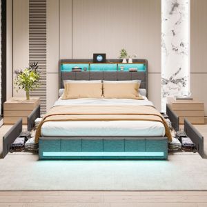 Lit 140x200cm avec tiroirs, avec tête de lit éclairée led, 4 tiroirs et 2 ports de recharge usb, sommier à lattes, lit adulte scandinave, lin, Gris