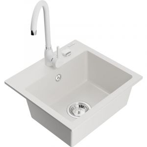 Mexen - Milo &eacute;vier en granit &agrave; 1 cuve et robinet m&eacute;langeur Telma, Blanc - 6505-20-670200-20